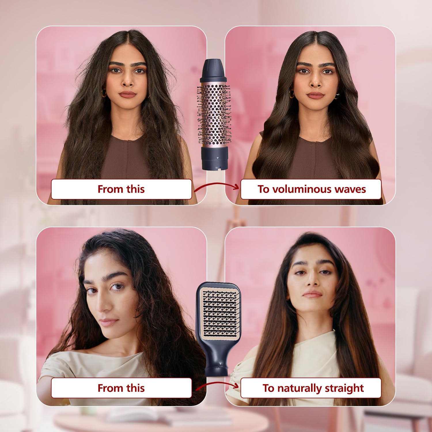 Philips India’s No.1 Hair Styling Brand 2-in-1 Airstyler | Straightening Brush + Hot Air Brush Combo | 3X Volume | 50% Less Breakage,2 Attachments, 3 Heat Settings, Cool Shot, For Indian Hair