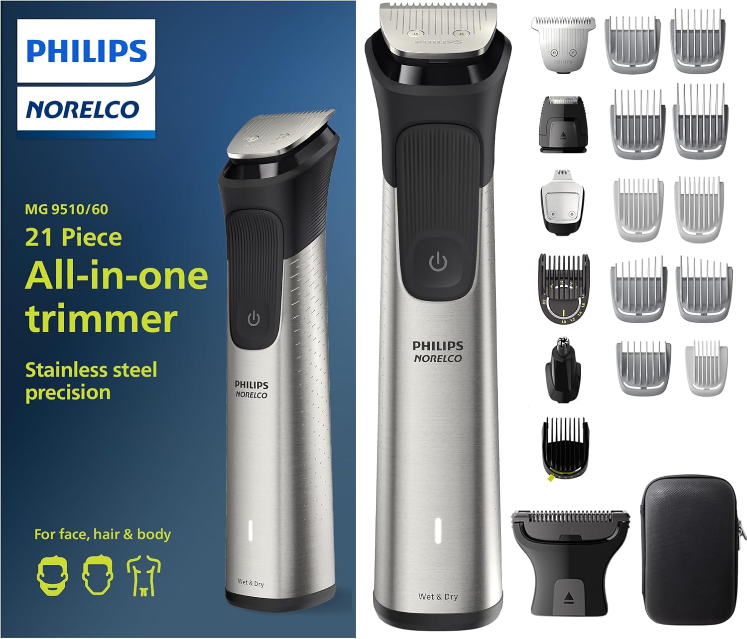 Philips Norelco Multigroom Series 9000-21 Piece Men's Grooming Kit for Beard, Body, face, Nose, Ear Hair Trimmer w/Premium Storage case, MG9510/60