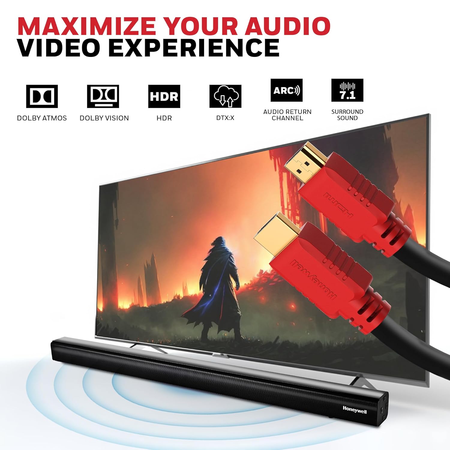 Honeywell HDMI 1.4 Cable with Ethernet (32.8ft/10M) High Speed HDMI Cable 10.2GBPS | Supports 3D /4Kx2K Ultra High Definition | 3D Home Theatre | 3D Gaming | Black