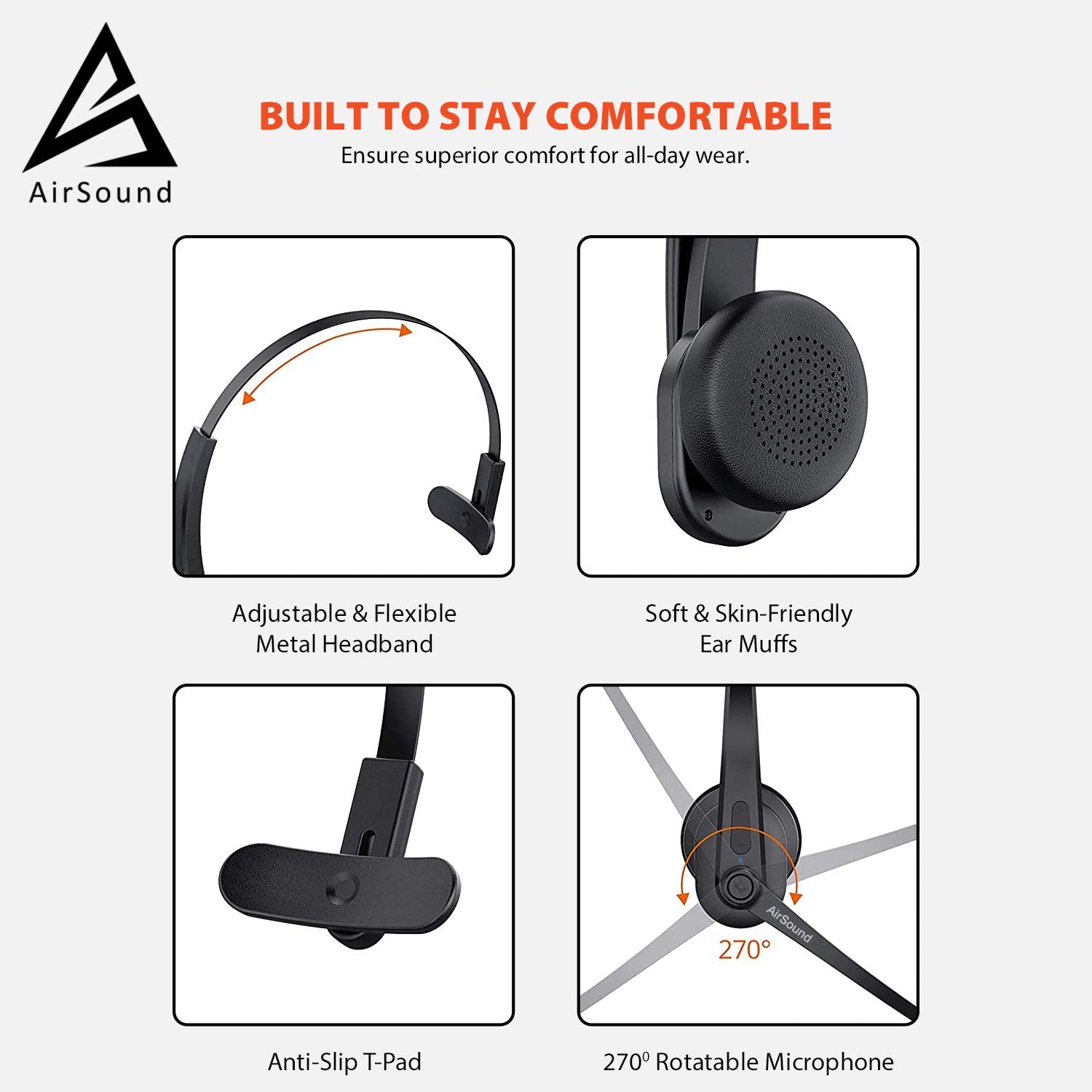 AirSound M99 Pro Bluetooth V5.0 Wireless Headset | Flexible Microphone, for Conference Calls, 24 Hr Talk Time, CVC 8.0 Noise-Cancelling On-Ear for Office Business Online Meeting, Call Centre.