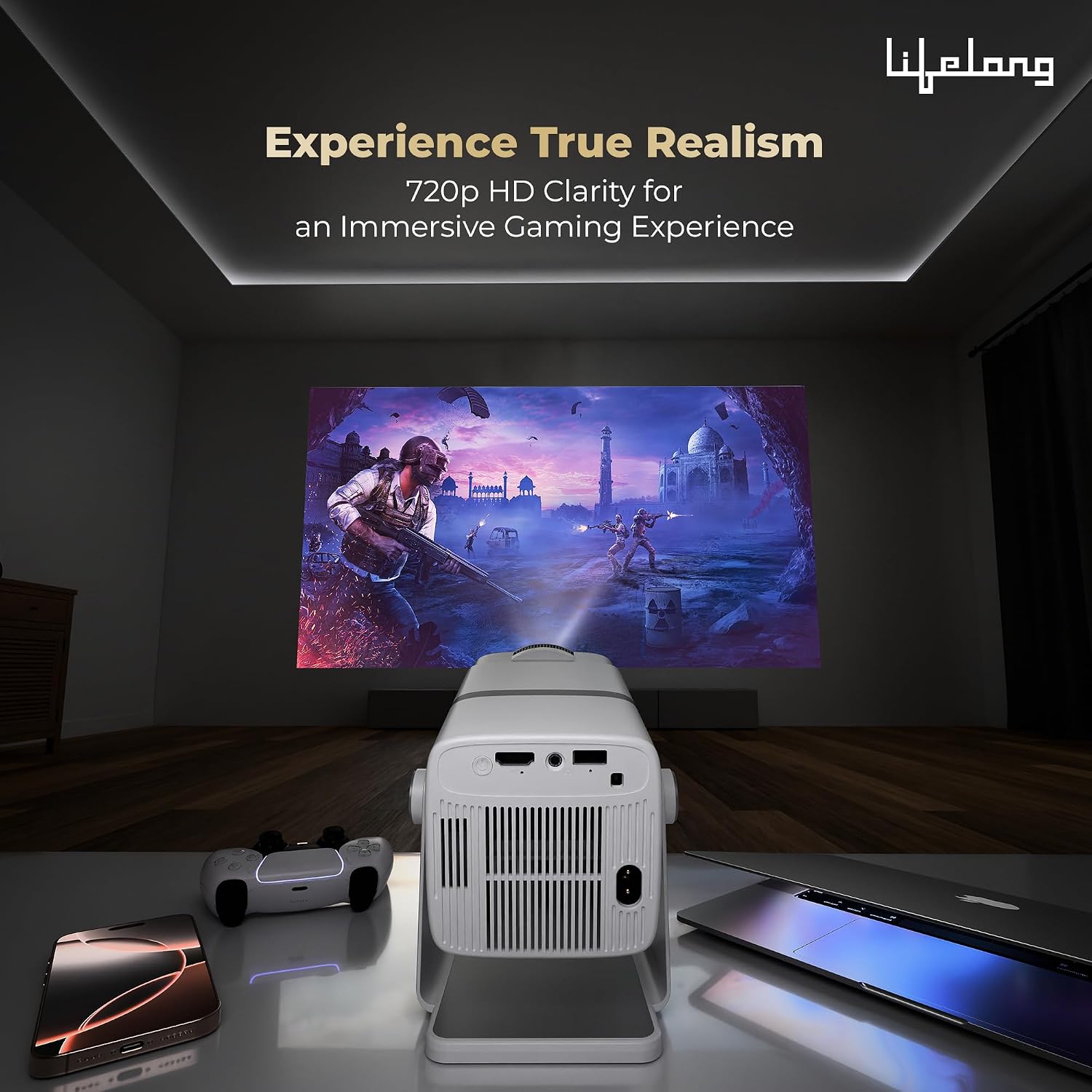 Lifelong Electronics Lightbeam X Smart Projector | Android, 1080P & 4K Ultra HD Support, 2X 3500 Lumens, 720p Native | For Room & Outdoors | All OTT Apps | WiFi/BT,Mirroring,USB,ARC,HDMI,180°,Speakers