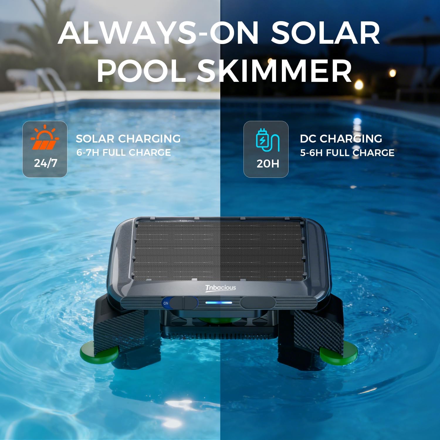Solar Powered Pool Skimmer Robotic, Automatic Pool Surface Cleaner with APP Support, 24/7 Continuous Cleaning, Dual Charging Modes, Twin Salt Chlorine Tolerant Motors, Ideal for All Swimming Pool