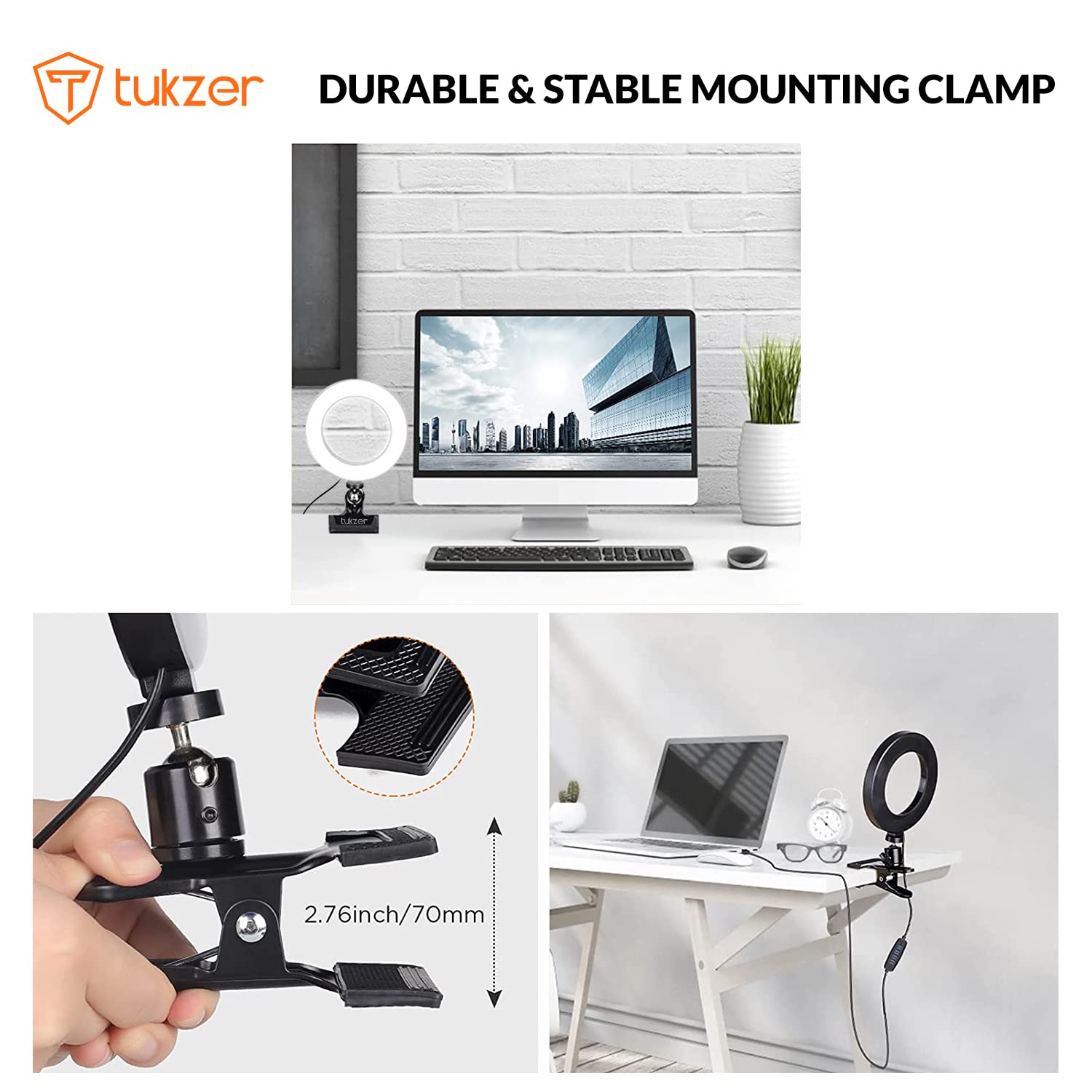 Tukzer 8-Inch LED USB Selfie Ring Light with Clamp Mount, 3 Light Modes & 10 Level Brightness, for Laptop/PC/Monitor/Desk/Bed/Office/Video Conferencing/Live Streaming/Makeup/Webcam/Classes