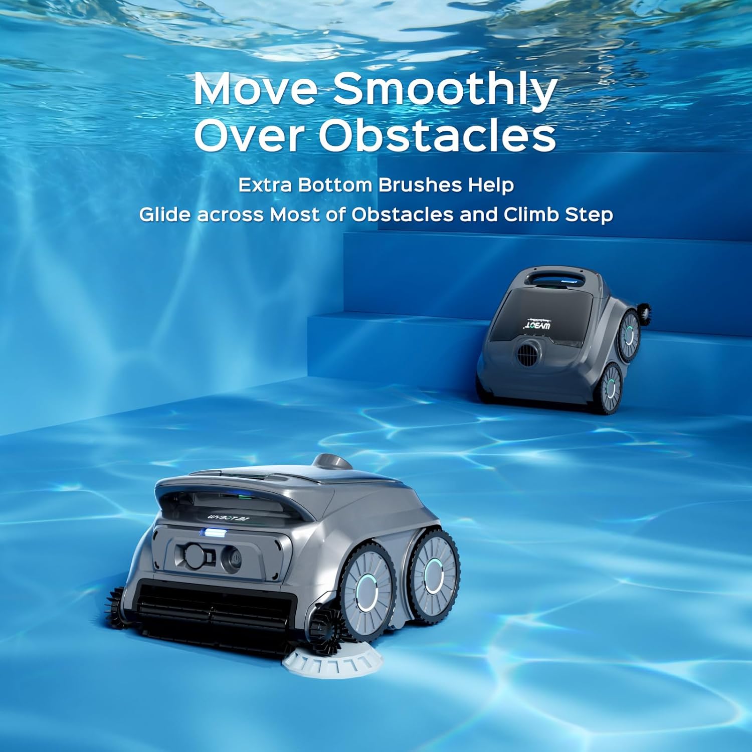 WYBOT B1 Cordless Robotic Pool Vacuum, Quad-Roller Brushes for Edge Cleaning, Smart Pool Cleaner Robot for Inground & Above Ground Pools, High Obstacle Crossing, App Control, Silver Gray
