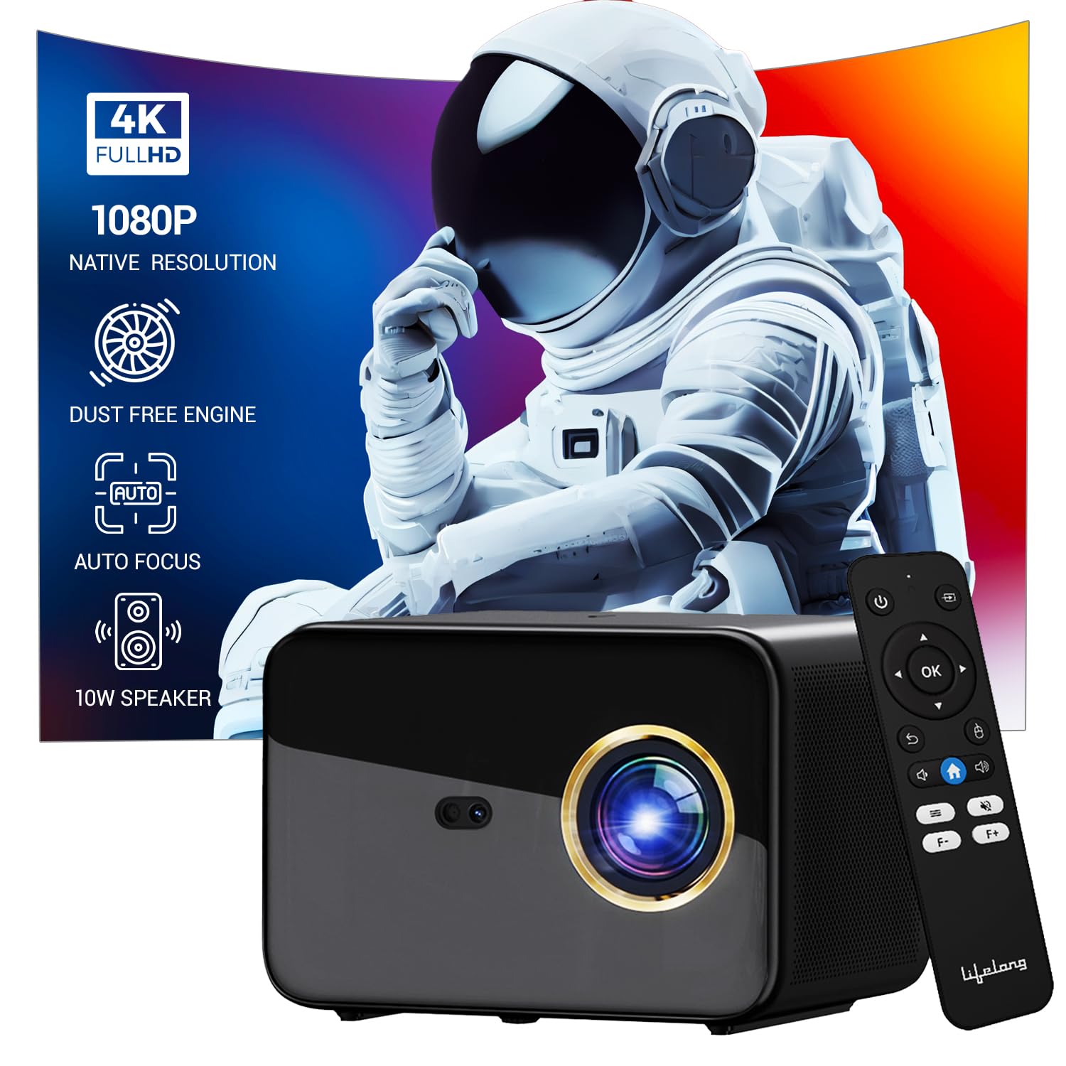 Lifelong Electronics Lightbeam X Smart Projector | Android, 1080P & 4K Ultra HD Support, 2X 3500 Lumens, 720p Native | For Room & Outdoors | All OTT Apps | WiFi/BT,Mirroring,USB,ARC,HDMI,180°,Speakers