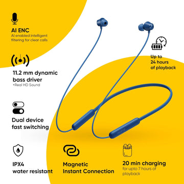realme Buds Wireless 2S in Ear Earphone with mic, Dual Device Switching & Type C Fast Charge & Up to 24Hrs Playtime, Bluetooth Headset Neckband (Blue)