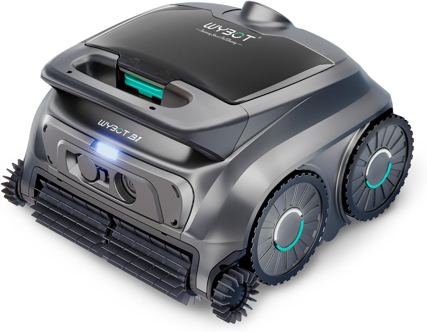 WYBOT B1 Cordless Robotic Pool Vacuum, Quad-Roller Brushes for Edge Cleaning, Smart Pool Cleaner Robot for Inground & Above Ground Pools, High Obstacle Crossing, App Control, Silver Gray