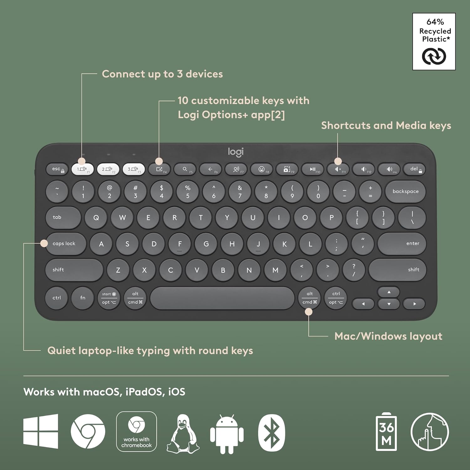 Logitech Pebble Keys 2 K380s, Multi-Device Bluetooth Wireless Keyboard with Customisable Shortcuts, Slim and Portable, Easy-Switch for Windows, macOS, iPadOS, Android, Chrome OS - Tonal Graphite