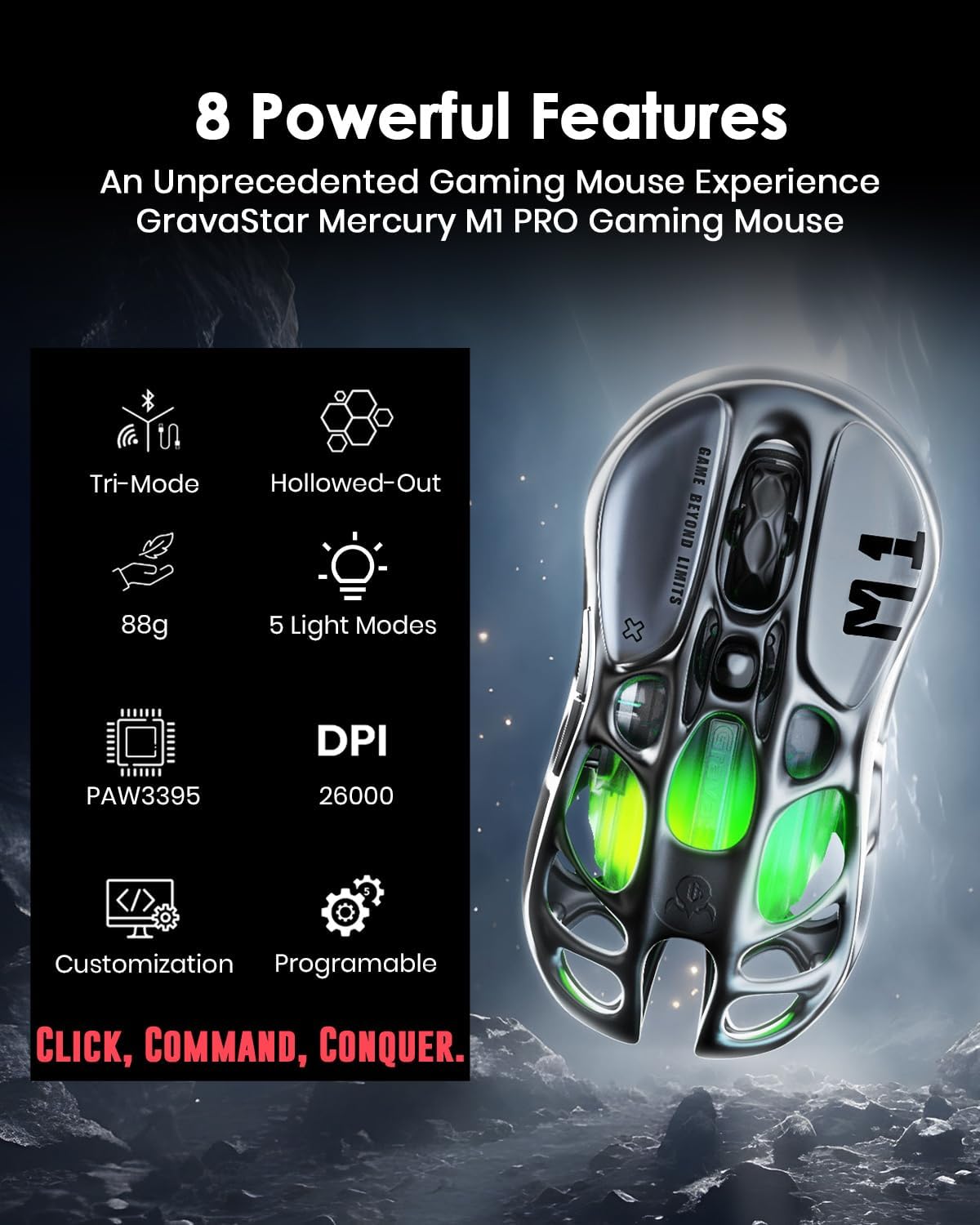 GravaStar Mercury M1 Pro Wireless Gaming Mouse – 26,000 DPI PAW3395DM Sensor • Lightweight Magnesium Alloy • Tri-Mode (Wired/2.4GHz/Bluetooth) • 4K Polling Rate • Up to 200-Hour Battery