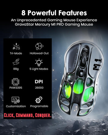 GravaStar Mercury M1 Pro Wireless Gaming Mouse – 26,000 DPI PAW3395DM Sensor • Lightweight Magnesium Alloy • Tri-Mode (Wired/2.4GHz/Bluetooth) • 4K Polling Rate • Up to 200-Hour Battery