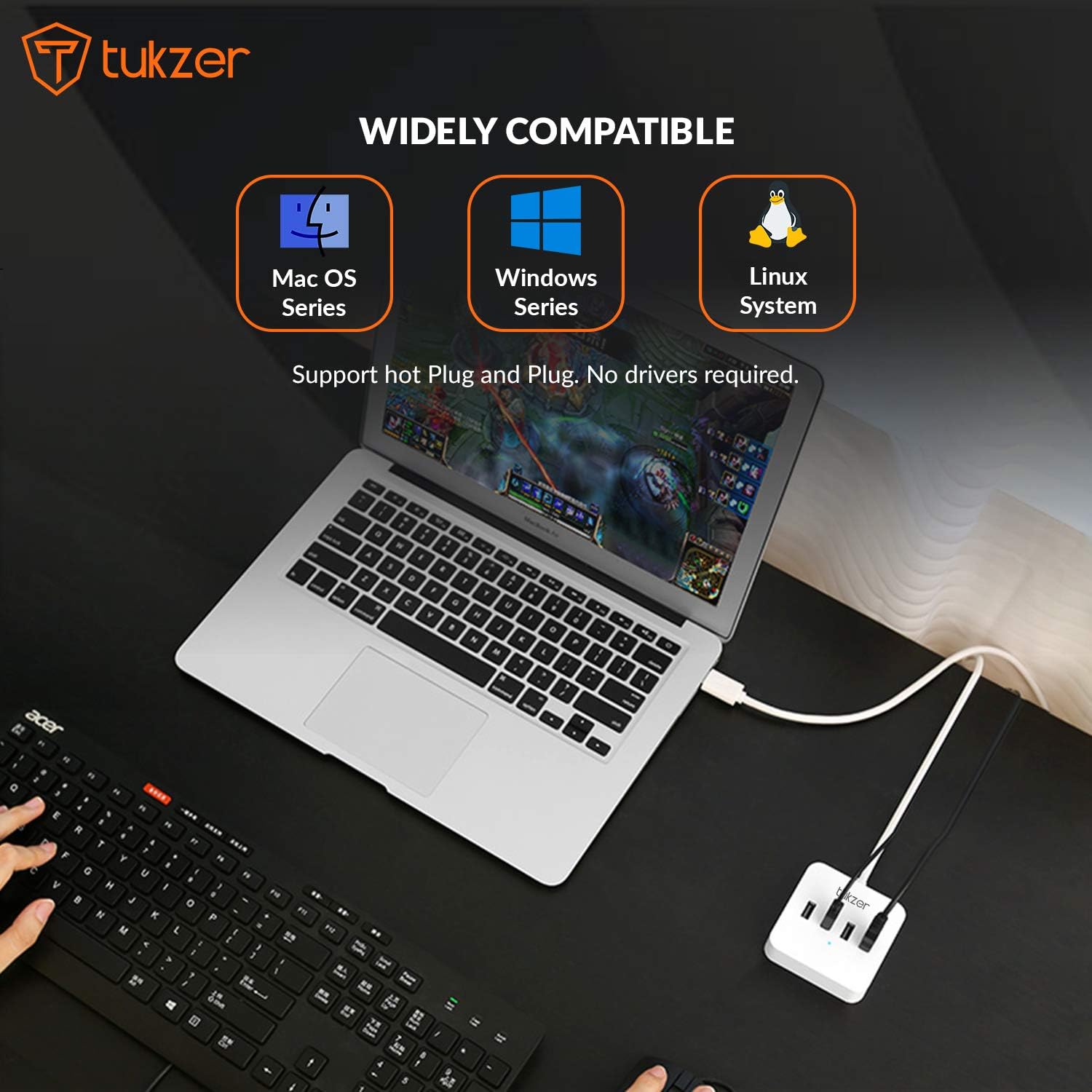 Tukzer 4-Port USB Hub 3.0 (TZ-U12) Superspeed Data Hub High Speed Compatible for MacBook Air, Mac Mini, iMac Pro, Microsoft Surface, Ultrabooks, Laptop, Notebook, Desktop (1.5M Cable, White)