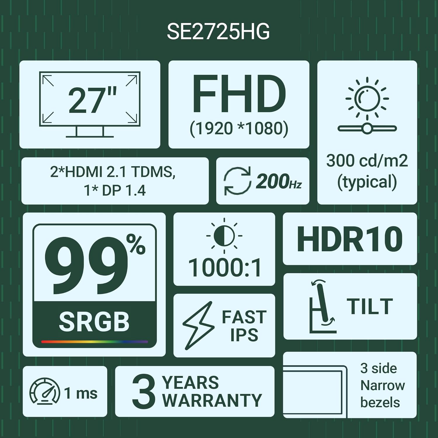 Dell SE2725HG 27" FHD IPS Gaming Monitor, 200Hz Refresh, 3side narrow bezels, 1ms GtG, AMD FreeSync Premium, HDR 10, 300nits, 1000:1 Contrast, 99% Srgb, Tilt, 2*HDMI 2.1 TDMS(supports HDMI VRR),DP 1.4