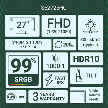 Dell SE2725HG 27" FHD IPS Gaming Monitor, 200Hz Refresh, 3side narrow bezels, 1ms GtG, AMD FreeSync Premium, HDR 10, 300nits, 1000:1 Contrast, 99% Srgb, Tilt, 2*HDMI 2.1 TDMS(supports HDMI VRR),DP 1.4