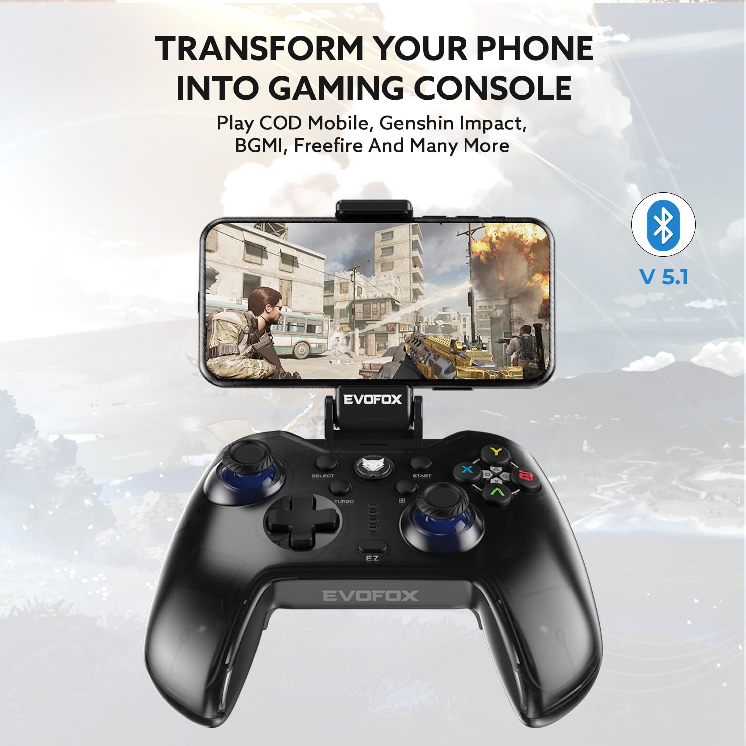 EvoFox Go Smartphone Bluetooth Gamepad for iPhones, iPads & Android | 2 Macro Back Buttons, Dual Vibration Motors, Turbo Mode, Analog Triggers, High Precision Joysticks | Android KeyMap Mode (Grey)