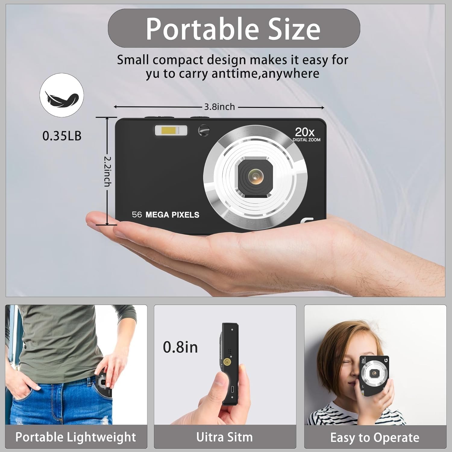 56MP FHD Digital Camera with 20X Digital Zoom & Autofocus, Anti-Shake Point and Shoot Camera for Kids Adults Beginners, Includes 32GB SD Card, Portable Compact for Travel