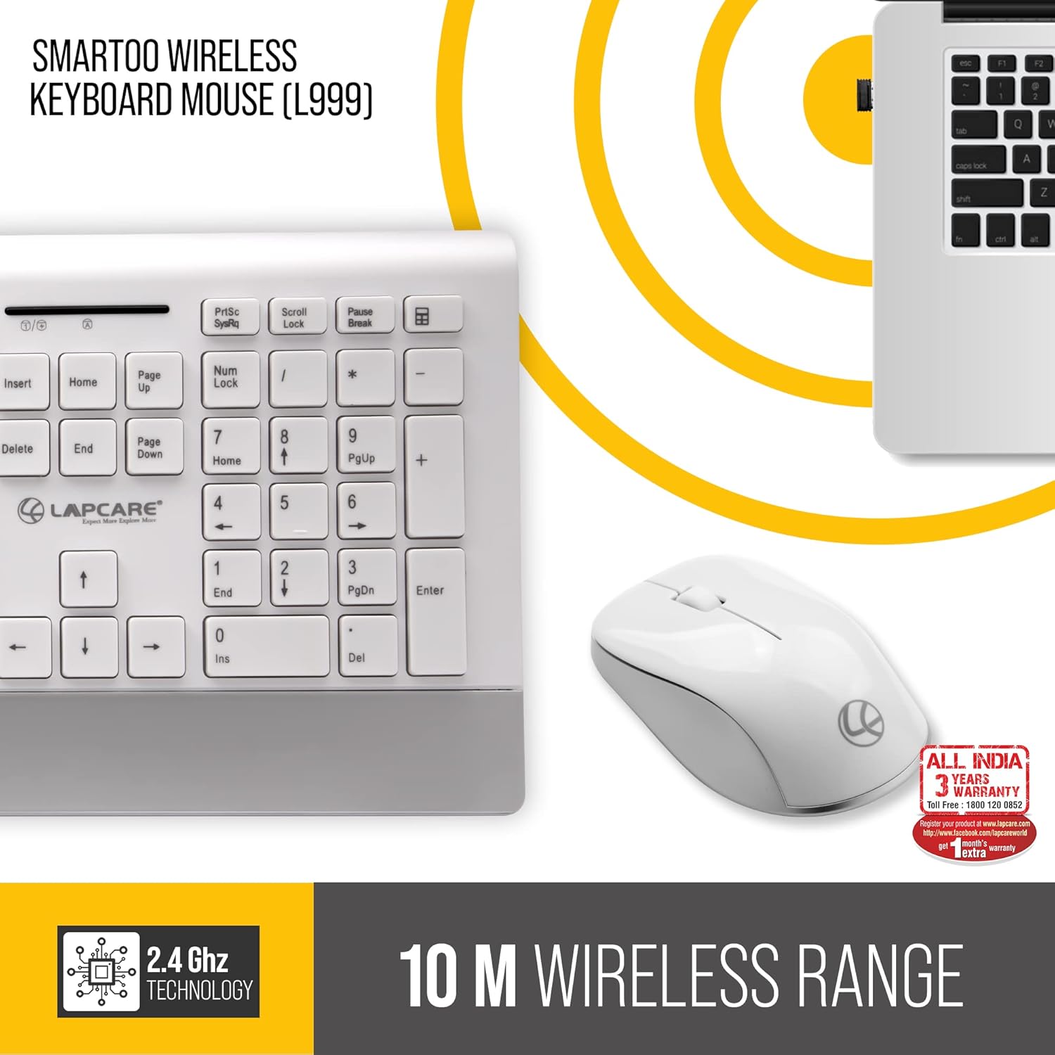 Lapcare Smartoo Wireless Membraned Keyboard and 1200 DPI Mouse Combo with Auto Sleep (White/Silver)