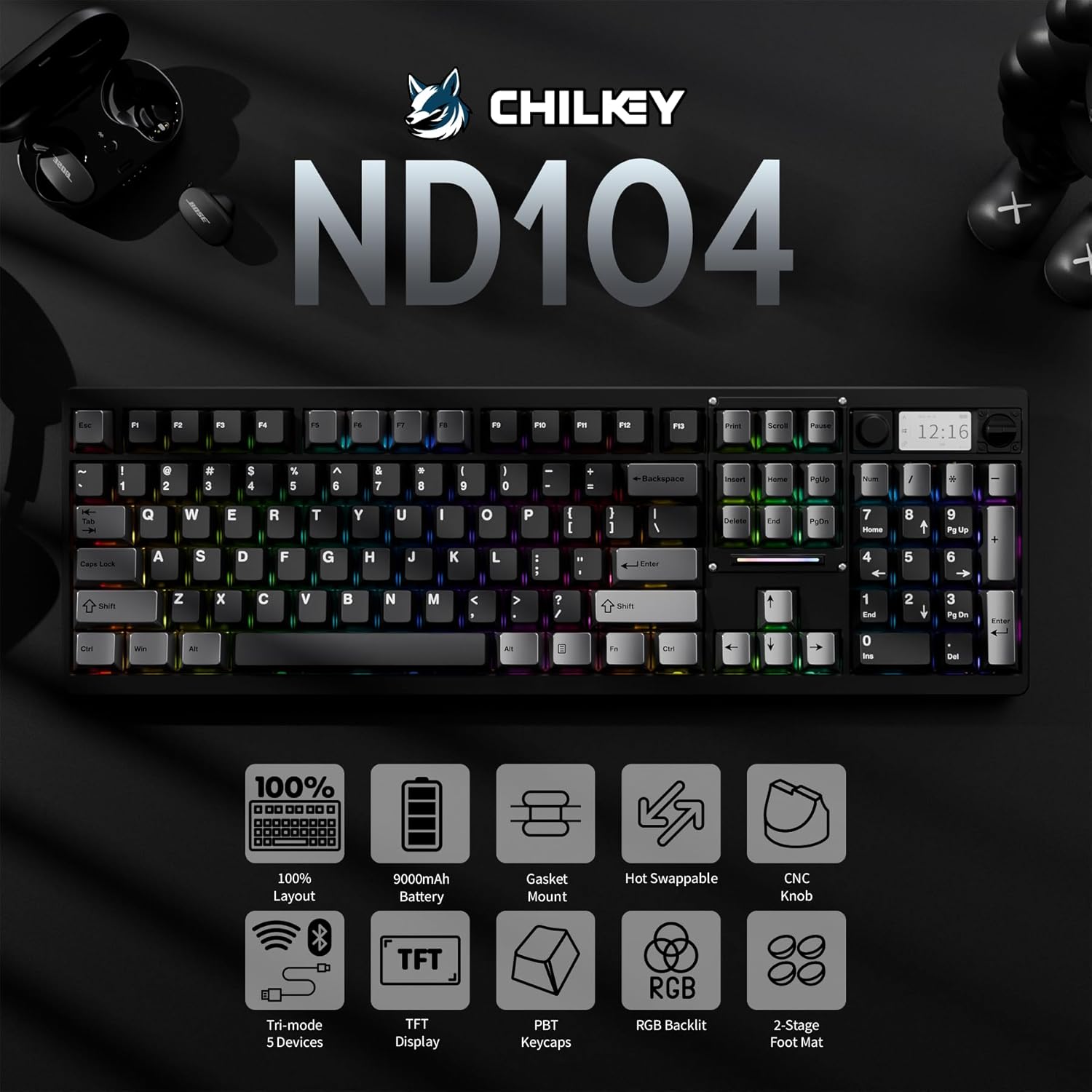 OOCTPK Wireless Mechanical Keyboard, Chilkey ND104 Gaming Keyboard 106% Hot Swappable Custom Keyboard with Knob, RGB Backlit, Bluetooth 5.4/2.4GHz/USB-C, Full-Aluminum, PC/Mac Support (43.8×14×3.5cm)