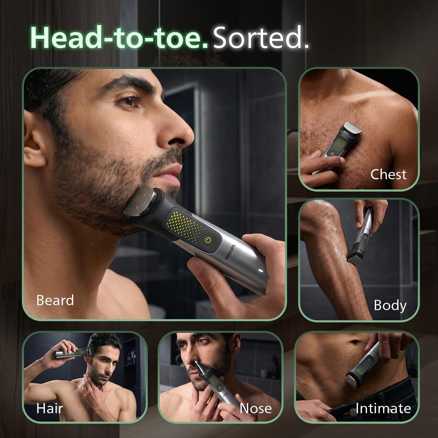 Philips India's No.1 Men's Trimmer* | Luxurious Stainless Steel Design | BeardSense Technology | All-in-One Grooming Kit- Beard, Hair, Body, Intimate | 120min runtime | IPX7 | 5yr warranty* | MG9532