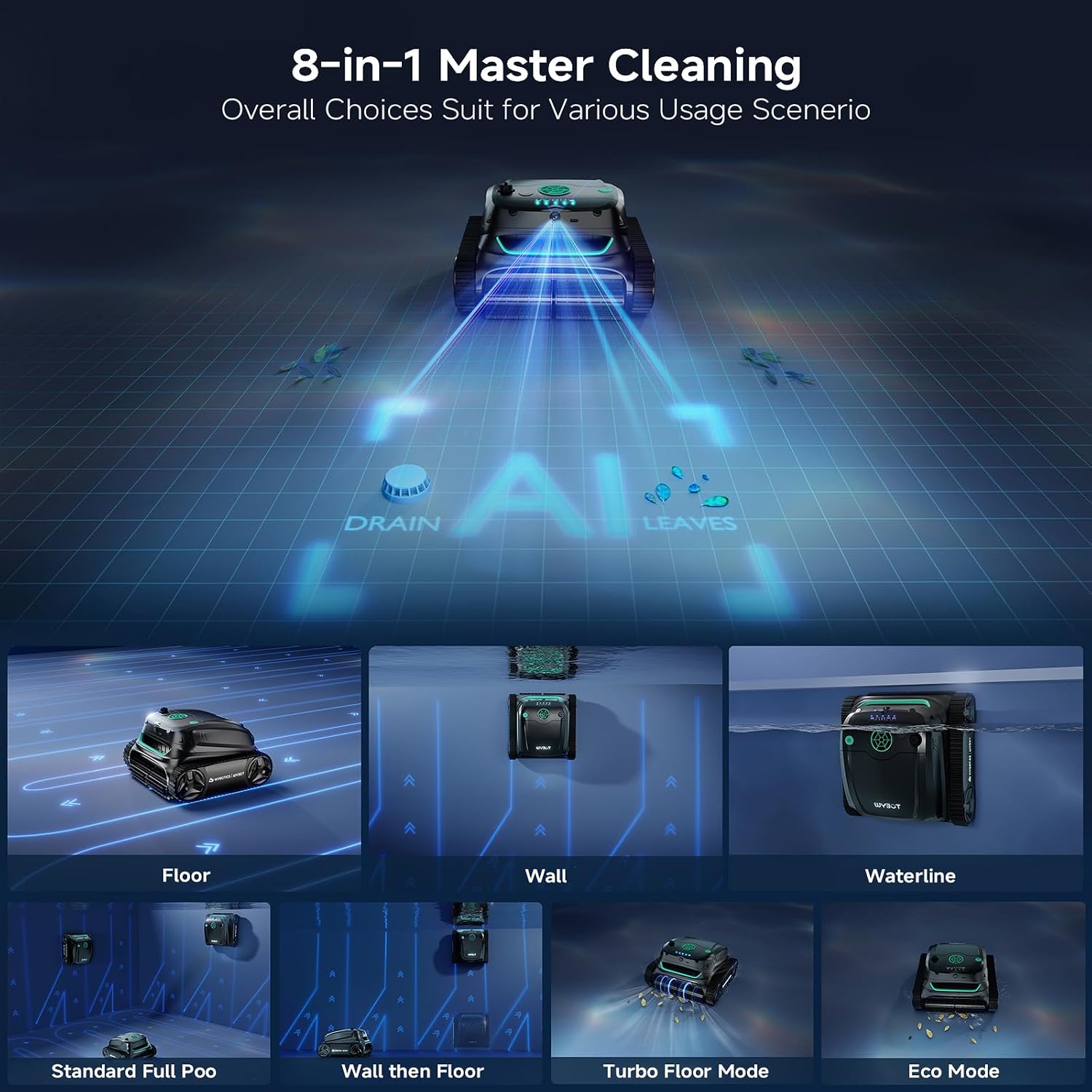 WYBOT S2 Vision AI Camera Cordless Pool Cleaners for Inground Pools, 8-in-1 Pool Vacuum Robot, Brushless Motor Powerful Suction, Wall Climbing, Horizontal Waterline Scrubbing (Black Green)