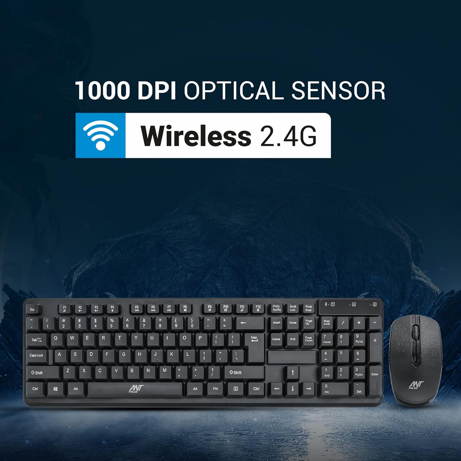 Ant Value FKBRI03 Wireless Keyboard Mouse Combo, Compact Full Size Wireless Computer Keyboard and Mouse Set 2.4G Ultra-Thin Sleek Design for Windows, Computer, Desktop, PC, Notebook, Laptop - Black