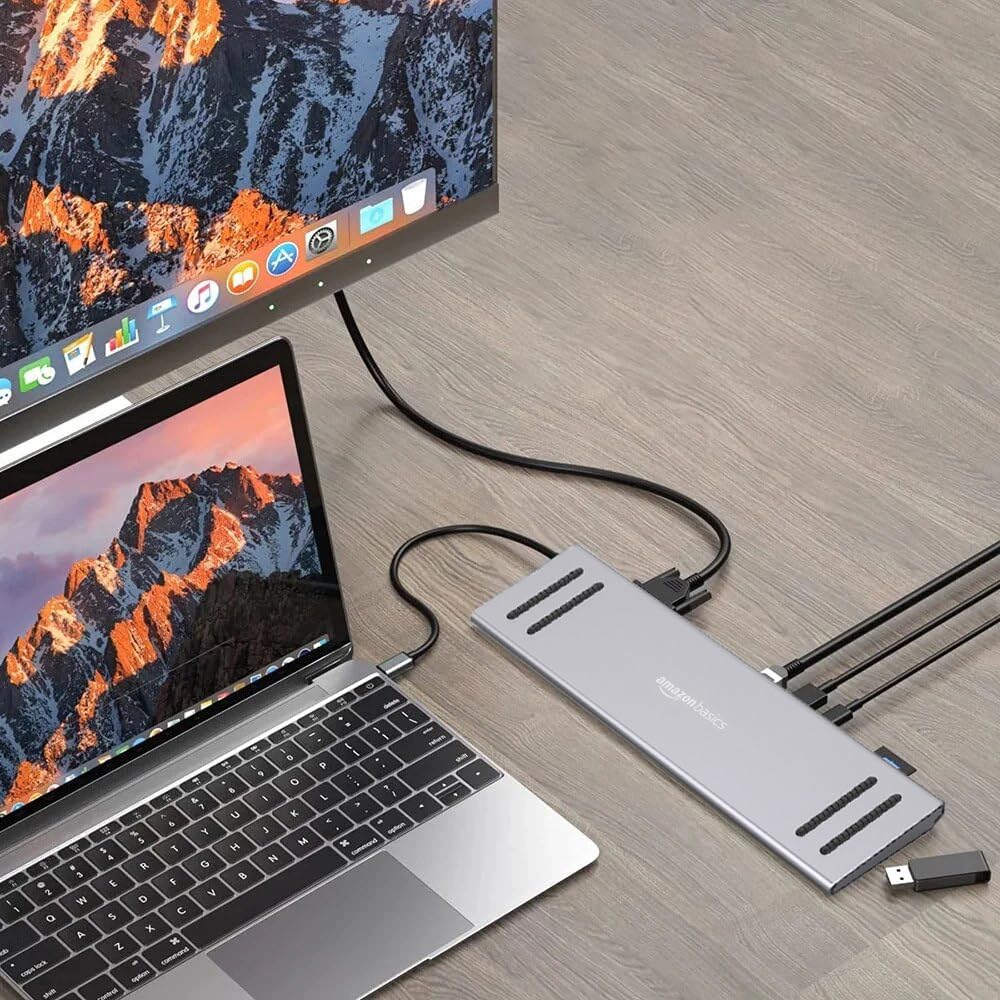 Amazon Basics Dock Station, 13-in-1 USB C HUB Docking Station, USB C Network Hub with HDMI VGA PD(3.0), 4xUSB 2xUSB C, 10/100M Gigabit Laptop Stand for MacBook iPad Surface Pro and More Windows Laptop