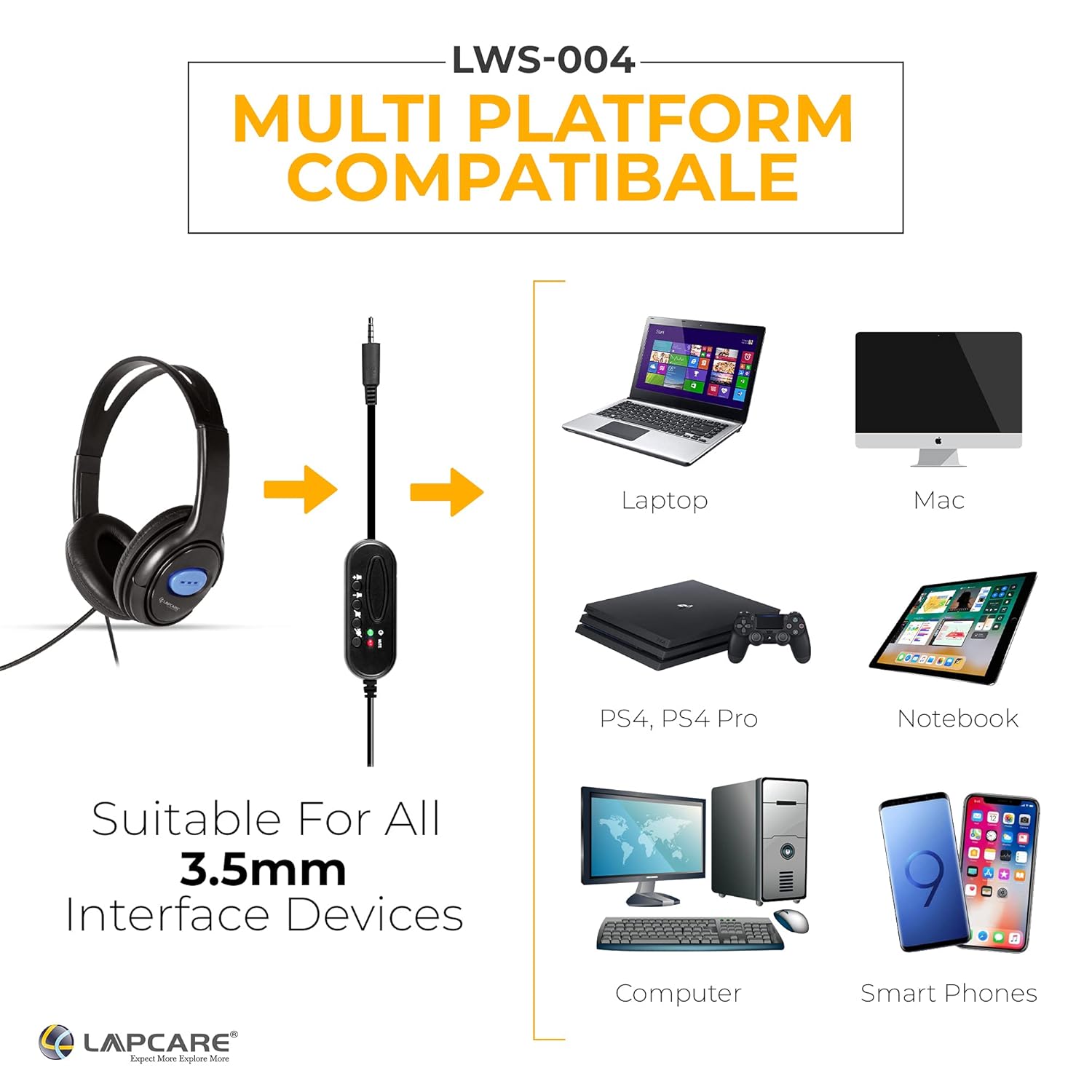 LAPCARE LWS004 Black | Adjustable Headset | Ideal for Gaming and Voice Recording | Compatible with Computer/Mobile Phones/Xbox/PS4 | Wired Over Ear Headphone with Mic