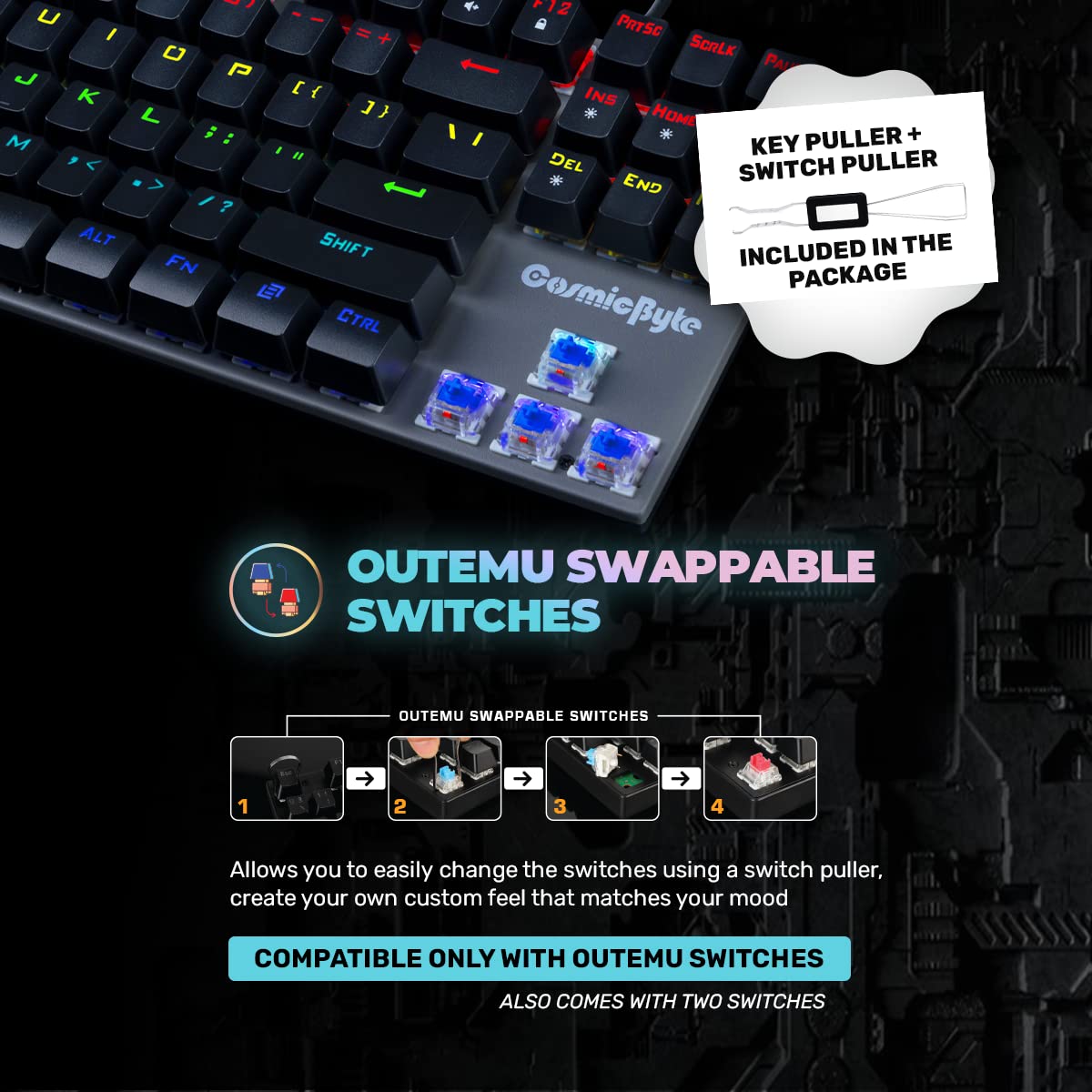 Cosmic Byte CB-GK-25 Pandora TKL Mechanical Keyboard Upgraded with Swappable Outemu Blue Switches and Rainbow LED (Black/Grey)
