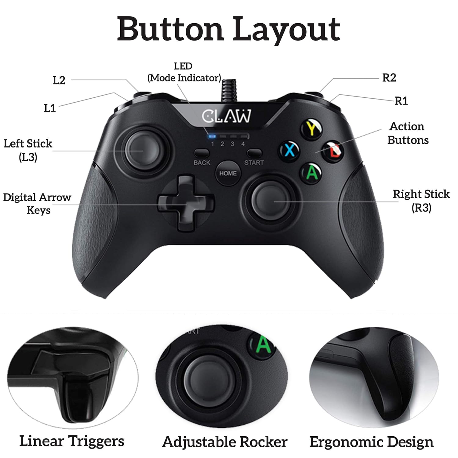 CLAW Shoot Wired USB Gamepad Controller for PC supports Windows XP/7/8/10 with Rubberized Textured Grip and Dual Vibration Motors