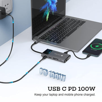 NOVOO 9in1 ProUSB C Multiport 4K HDMI VGA Ethernet 1000Mbps, 100W PD Charging, 3 USB3.0, SD/TF Slots, Thunderbolt 3 Laptop Dock for MacBook, Windows Laptops, Dark Grey, (NVHUBSN09PLX)