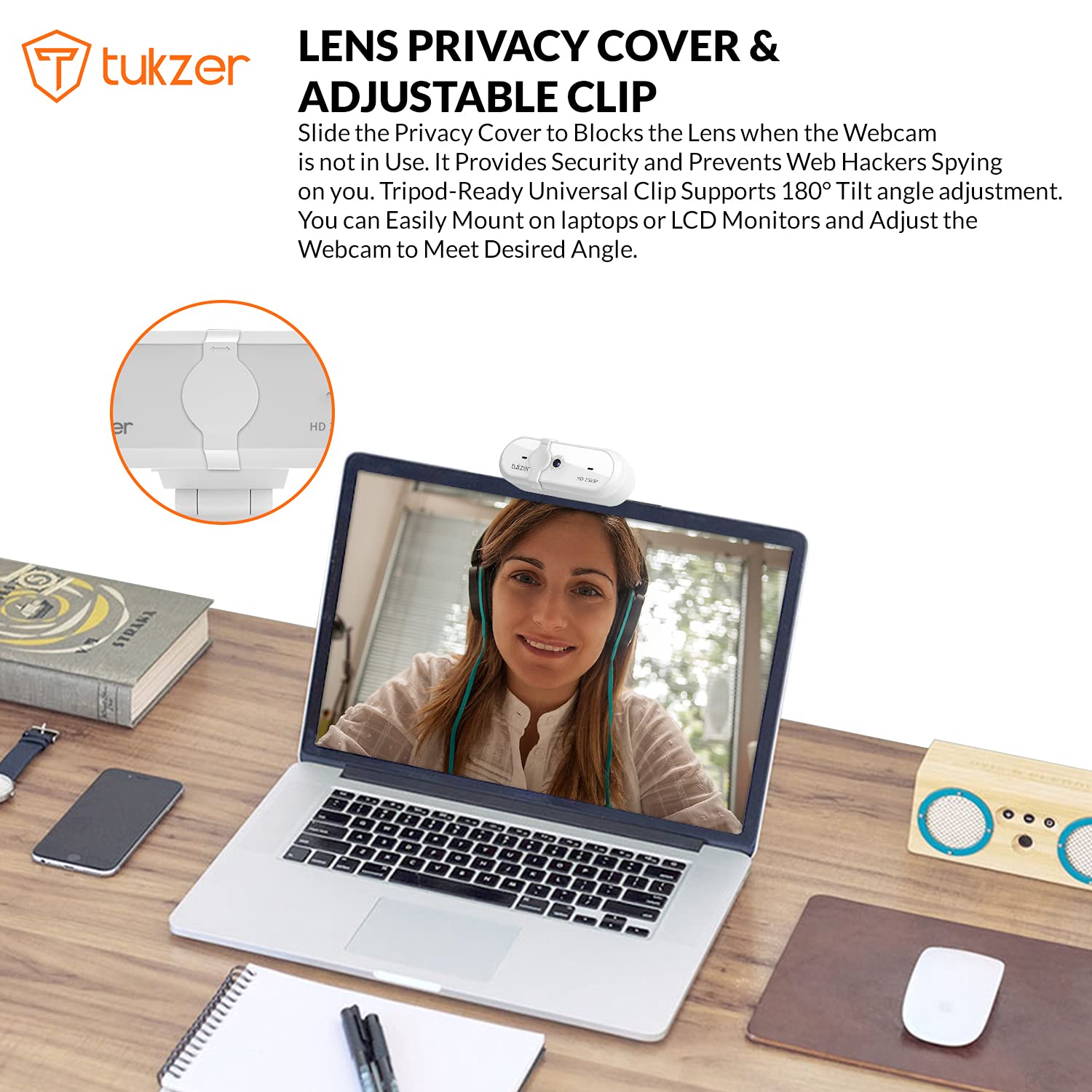 Tukzer 2.1 MP Optical Full HD 1080P Web Camera, CMOS Webcam with Microphone| Privacy Cover| Auto-Focus| 360° Rotatable, Tripod Ready Mount | Plug-n-Play USB for Windows, Mac (White)