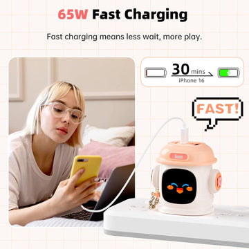 Divoom Dipow 65W USB-C Charger 3-Port Fast GaN Charger with DIY Pixel Display Foldable Compact Wall Block Power Adapter for iPhone 16/15 MacBook iPad Galaxy S23/S24 Switch (with 100w Cable) (Pink)