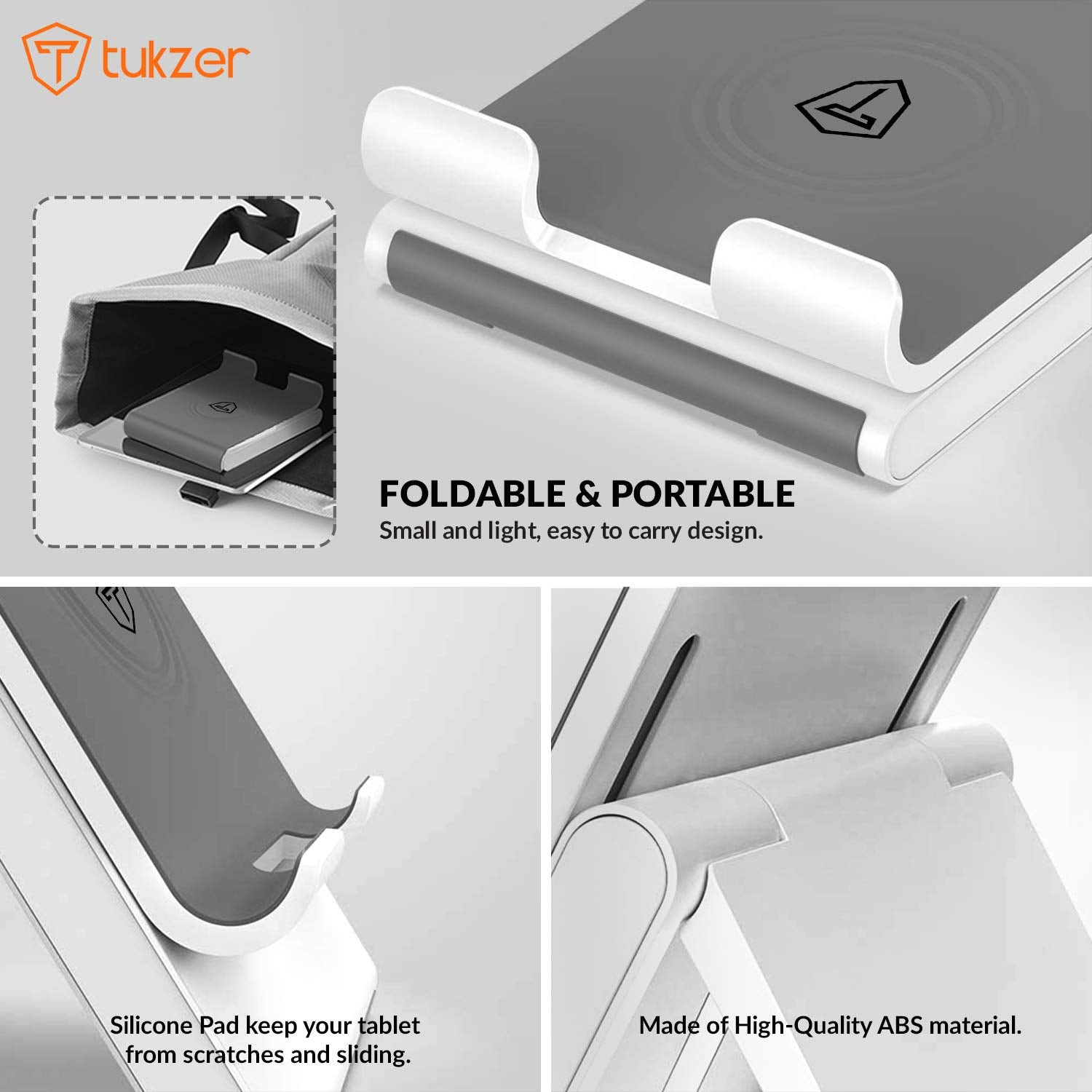 Tukzer Foldable & Portable Desktop Telescopic Smartphone Tablet Table Stand with Adjustable Height, Angle & Silicone Pad Supports Upto 11 Inch(27cm) Tab for Android & Mobile (White)