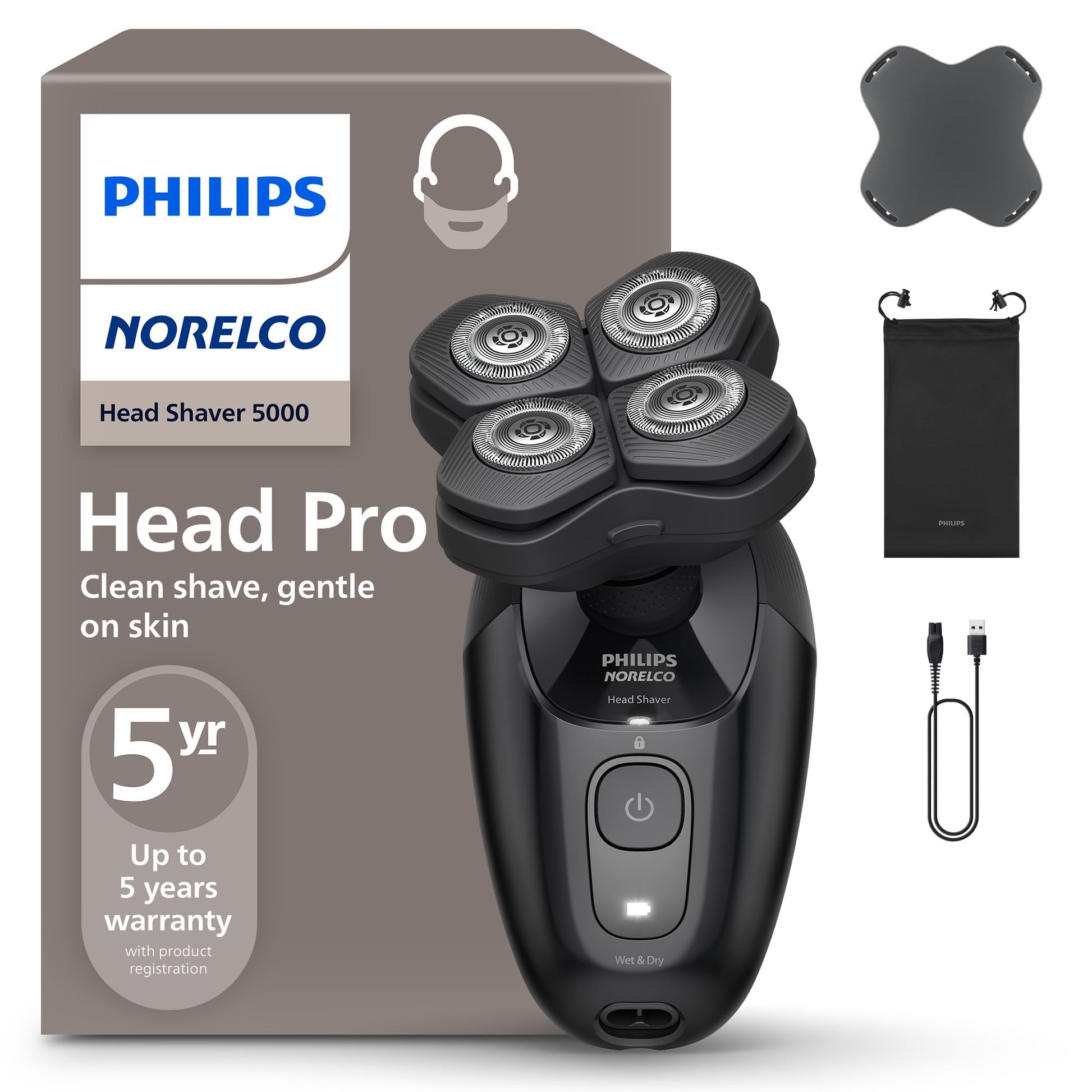 Philips Norelco Head Shaver Pro 7000 Series - Skull Shaver for Men and Women, 360° Flexing Head & ComfortCut Blades for Clean Shave, Gentle on Skin, Model HS7980/40