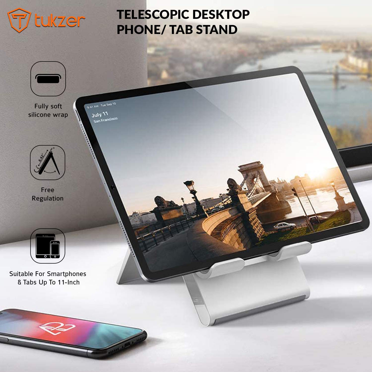 Tukzer Foldable & Portable Desktop Telescopic Smartphone Tablet Table Stand with Adjustable Height, Angle & Silicone Pad Supports Upto 11 Inch(27cm) Tab for Android & Mobile (White)