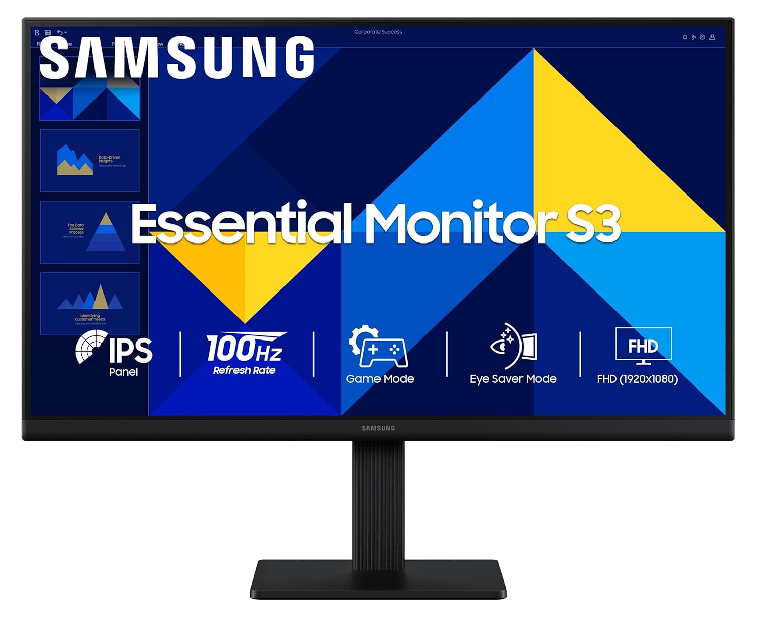 Samsung 24" (60.5 cm) S3 Flat Monitor|Super Slim Borderless Design|IPS Panel|FHD 1920 x 1080|100 Hz|5 ms|Ports-HDMI,VGA|Game Mode|Eye Saver Mode||Wall Mountable|LS24D300GAWXXL|Black