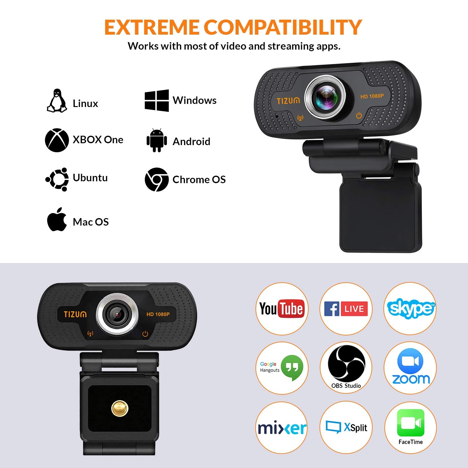 Tizum ZW81- Full HD 1080p Digital Webcam, Widescreen Viewing Angle, Auto Light Correction, Noise-Reducing Mic, for Skype, FaceTime, Hangouts, Xbox, PC/Mac/Laptop/MacBook/Tablet, Black