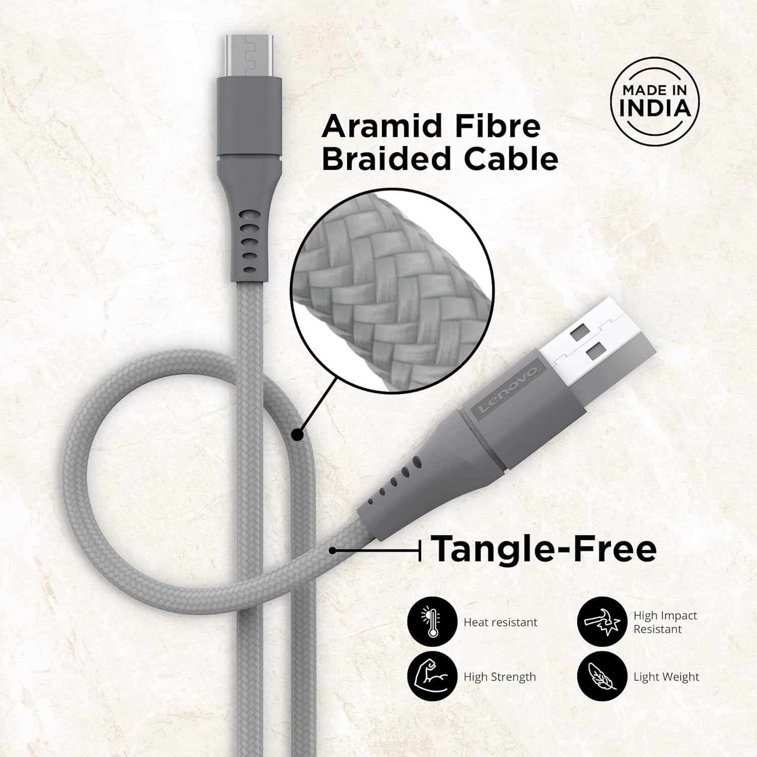 Lenovo Micro USB Cable Tangle-Free Aramid Fiber Braided 1M Cable With 4A Charging & 480 MBPS Data Transmission, Certified 10000+ Bend Lifespan, Metallic Grey