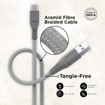 Lenovo Micro USB Cable Tangle-Free Aramid Fiber Braided 1M Cable With 4A Charging & 480 MBPS Data Transmission, Certified 10000+ Bend Lifespan, Metallic Grey