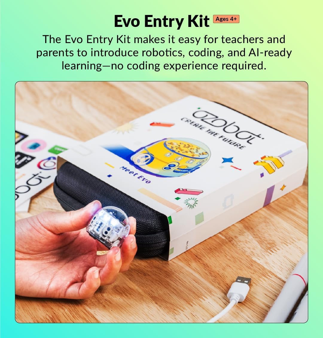 Ozobot Evo Entry Kit: Interactive STEM Coding Robot for Kids Ages 5+, Screen-Free Learning with Color Code Markers, Blockly Programming, Includes Charging Cable & Protective Case, Educator Approved