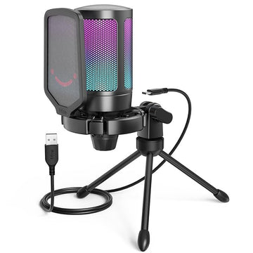 Gaming USB Microphone for PC PS5, FIFINE Condenser Mic with Quick Mute, RGB Indicator, Tripod Stand, Pop Filter, Shock Mount, Gain Control for Streaming Discord Twitch Podcasts Videos- AmpliGame ( A6V)