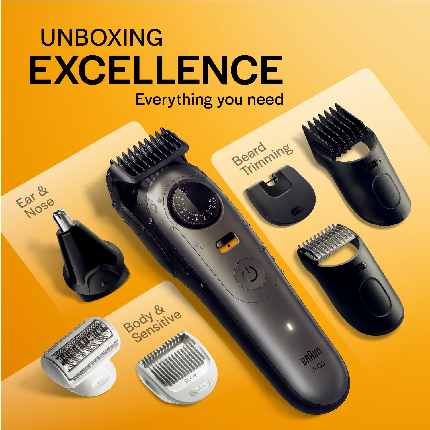 Gillette Series 5 All-in-One Beard & Body Trimmer for Man (by Braun) | 40 length settings for Face, Body, Head & Private Parts | Sensitive Body Comb for body grooming | 7-In-1 on top Attachments | 120 Min Runtime | 5 Min Quick Charge | 100% Waterproof