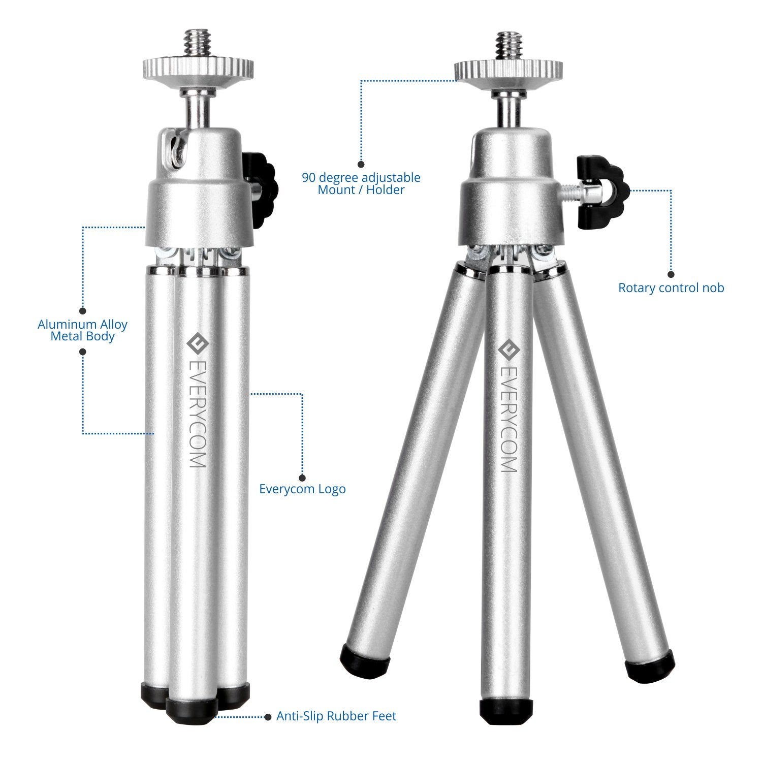 Everycom Mini Tripod with Phone Holder Portable Lightweight Flexible with 360 Degree Compatible with All Smart Phones and Digital Camera for Vlogging Blogging Shooting Photography, Silver Color