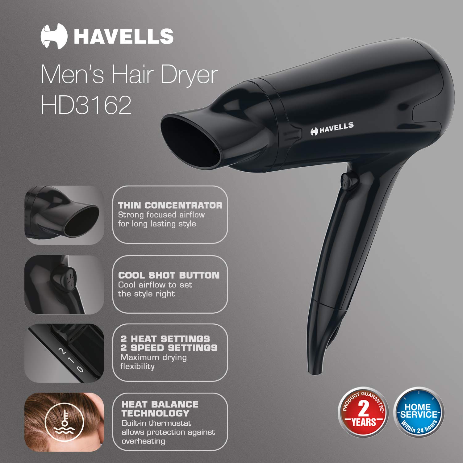 Havells HD3162 Men's 1565 Watts Powerful Hair Dryer with Thin Concentrator and Cool Shot Button; Heat Balance Technology (Black)