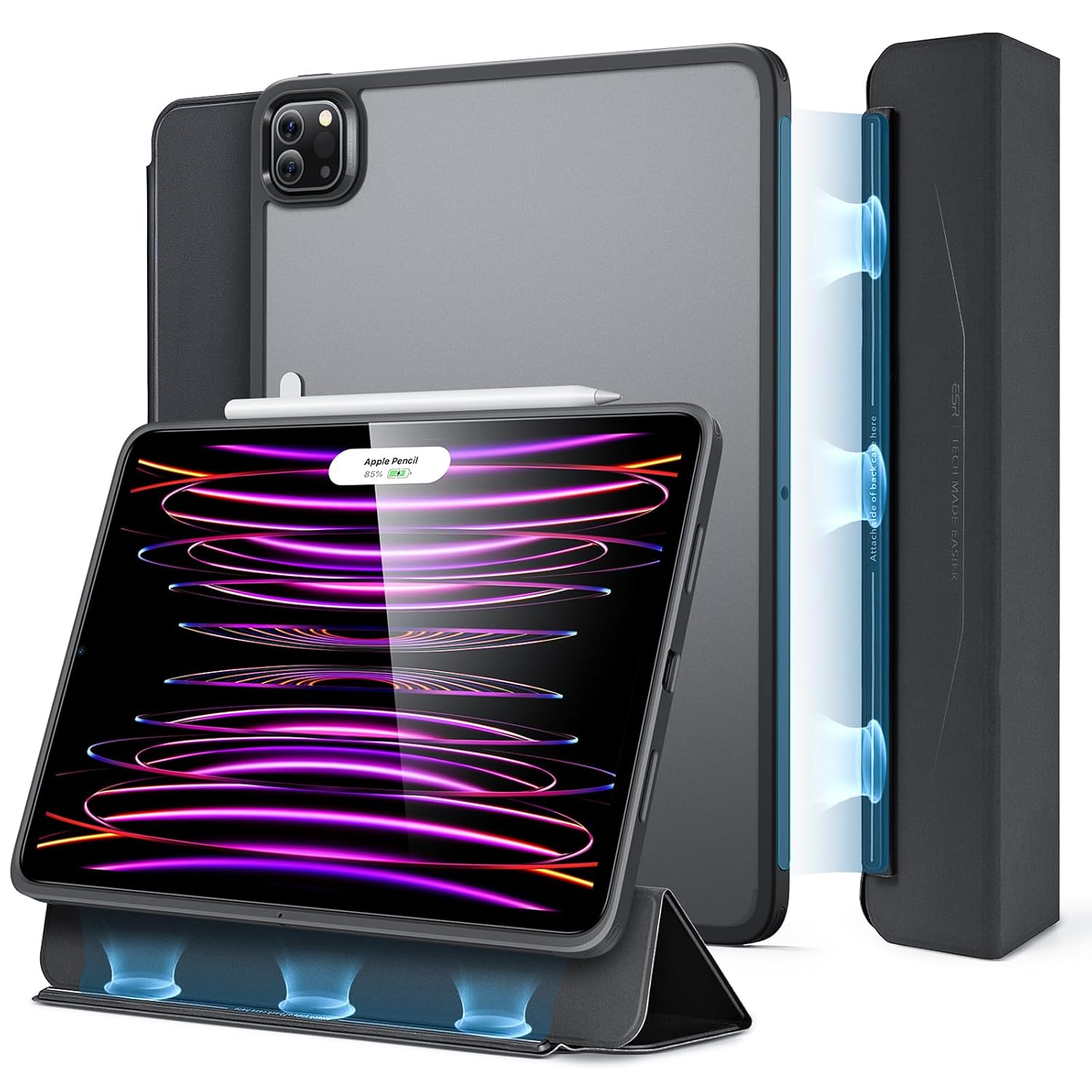 ESR for iPad Pro 12.9 inch Case (2022/2021), iPad Pro Cover, Detachable Magnetic Cover, Tough Back Case, Pencil 2 Wireless Charging, Slim and Light, Ascend Series, Frosted Black