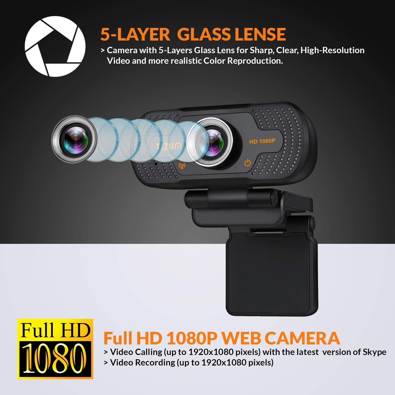 Tizum ZW81- Full HD 1080p Digital Webcam, Widescreen Viewing Angle, Auto Light Correction, Noise-Reducing Mic, for Skype, FaceTime, Hangouts, Xbox, PC/Mac/Laptop/MacBook/Tablet, Black