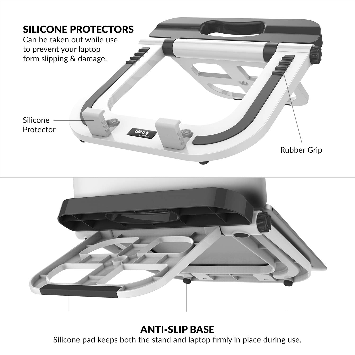 GIZGA essentials Portable Laptop Stand, Multi-Functional Foldable Stand for Laptop/MacBook, Ergonomic Design, Anti-Slip Base, Heat Dissipation, Multiple Angles, Height Adjustable, Light Weight, White