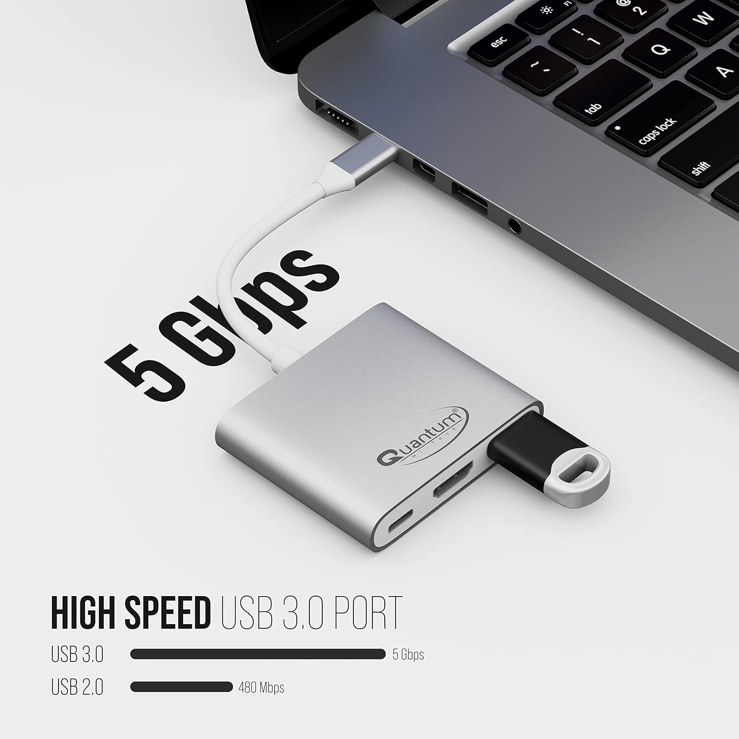 Quantum 3-in-1 USB Type C to Hdmi 4K Adapter, USB 3.0, USB C, Aluminium USB C Hub, High Speed Upto 5Gbps, 60W Power Pass Through for Laptop, Mac, Tablet & Other Type C Devices, Qhm7622 (Silver) Port