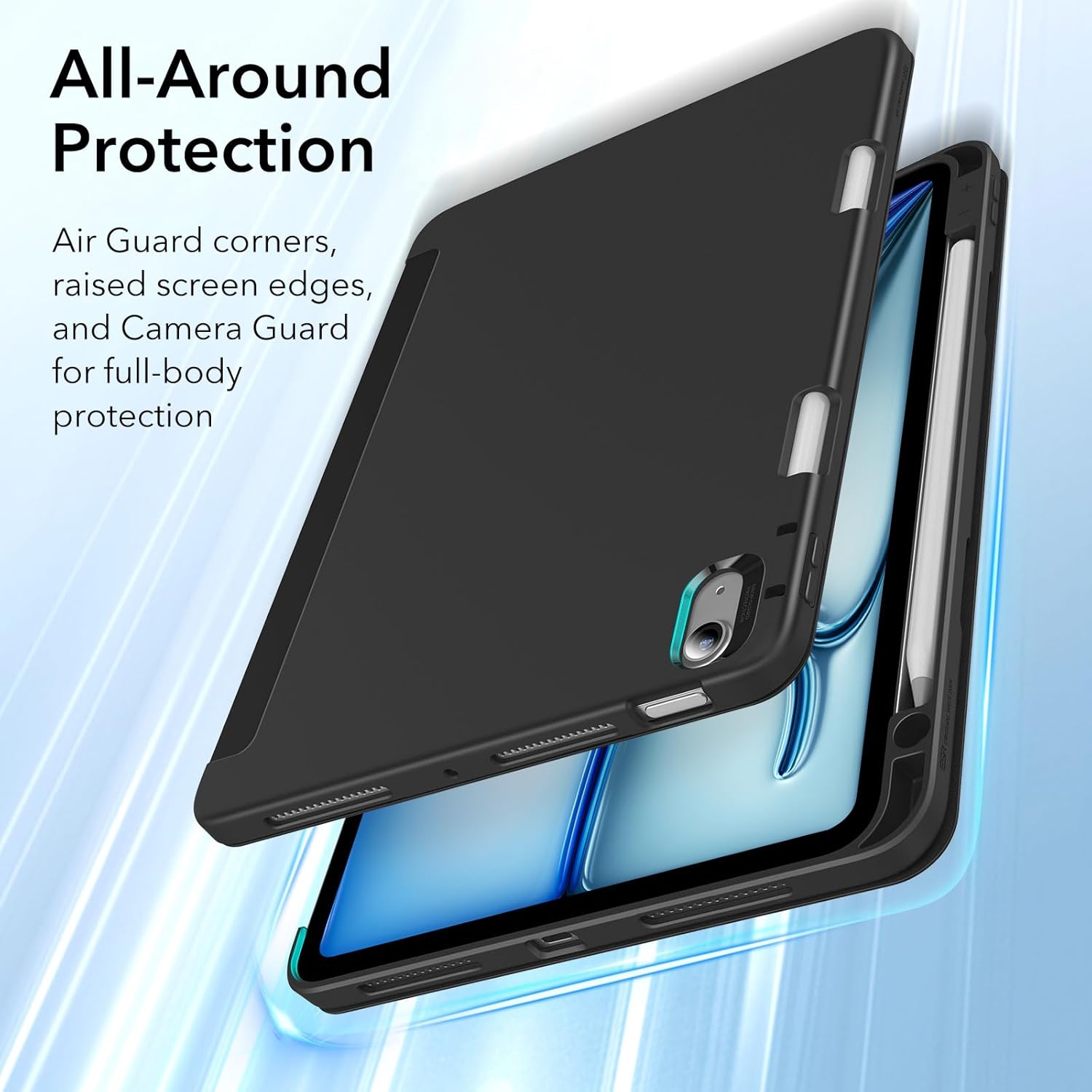 ESR for iPad Air 11 inch Case M3/M2 with Pencil Holder, iPad Air 7th/6th/5th/4th Generation Cover (2025/2024/2022/2020), Trifold Stand with Flexible Back, Auto Sleep and Wake, Rebound Series, Black