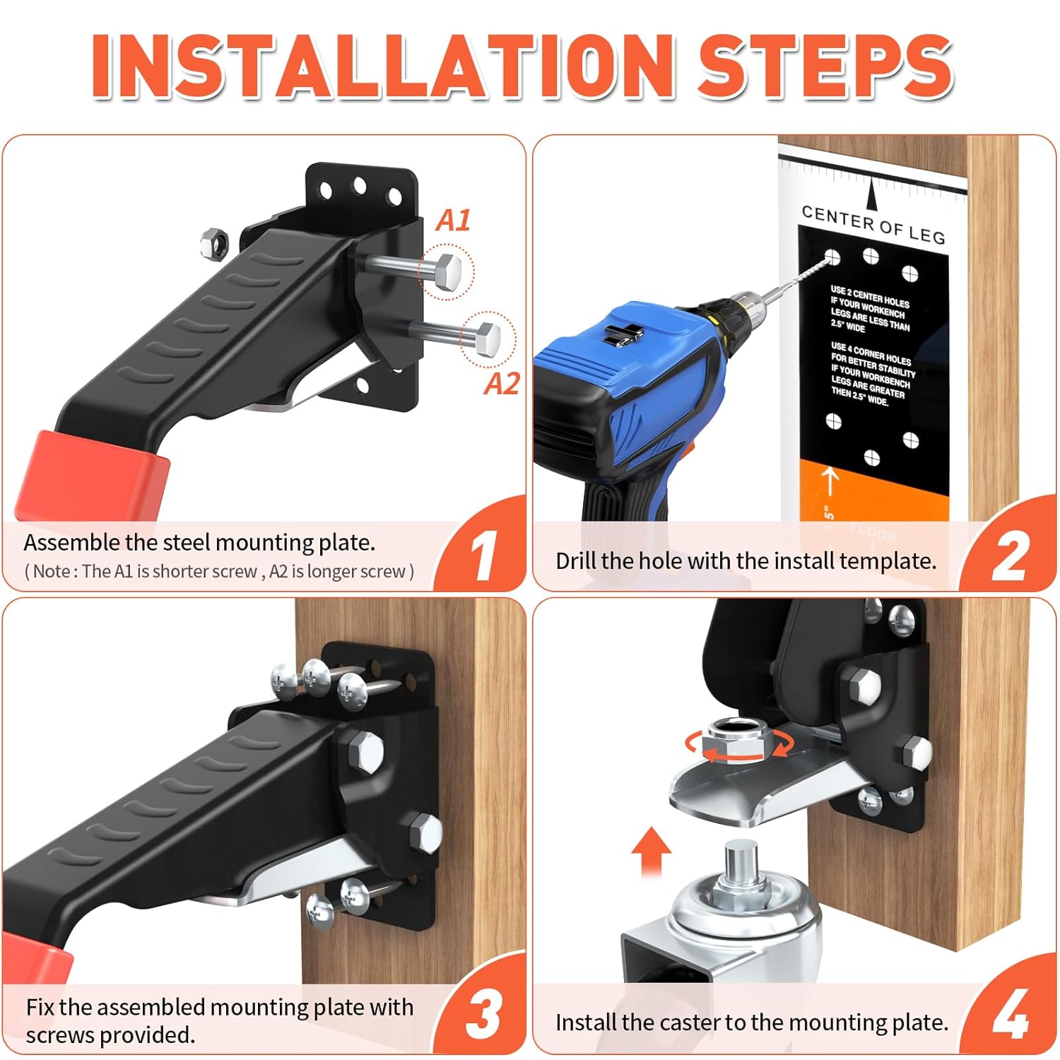 SPACEKEEPER Workbench Casters kit 660 Lbs - 4 Heavy Duty Retractable Caster Wheels Designed for Workbenches Machinery & Tables, Install Template Included