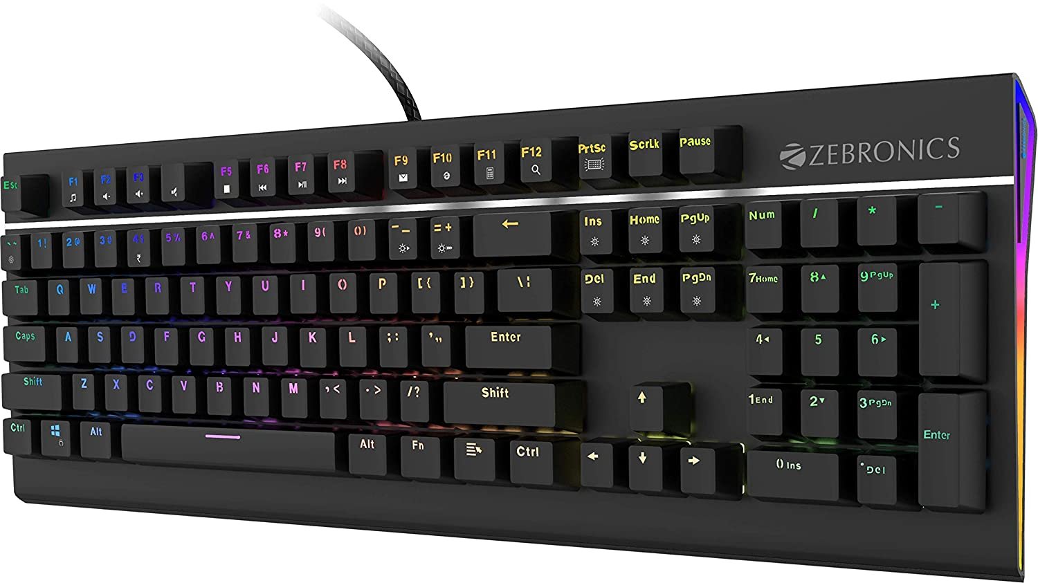 ZEBRONICS Zeb-MAX PRO V2 Premium Mechanical Gaming Keyboard with 104 Tactile Switch Keys, 18 RGB LED Modes, Braided &amp; Gold Plated USB Cable, Integrated Multimedia Keys, Key Removal Tool